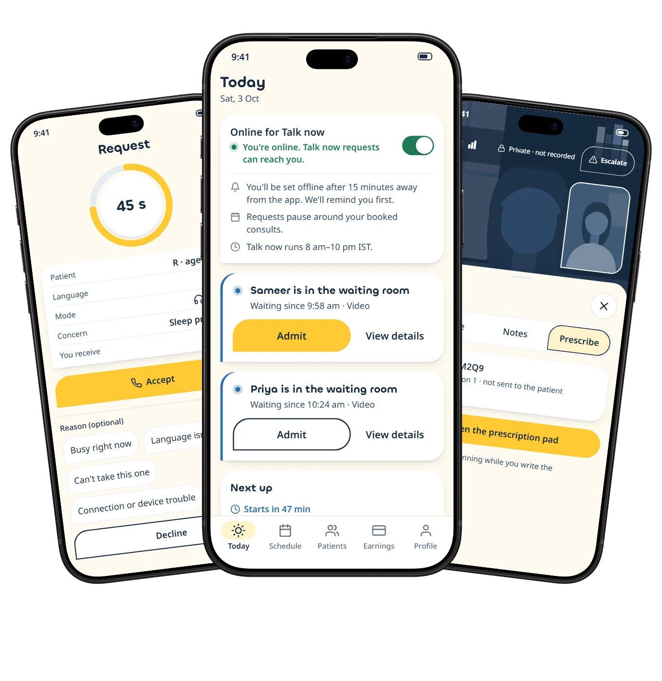 Doctor app: a Talk now request with a 45-second timer, the Today screen with patients in the waiting room, and a consult with the prescription pad
