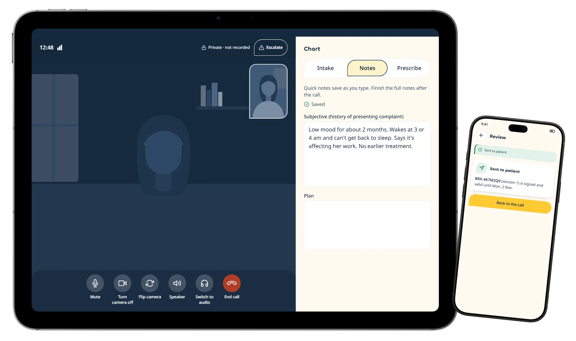 Doctor app on a tablet: the video consult and the chart notes side by side, with a phone showing a prescription sent to the patient