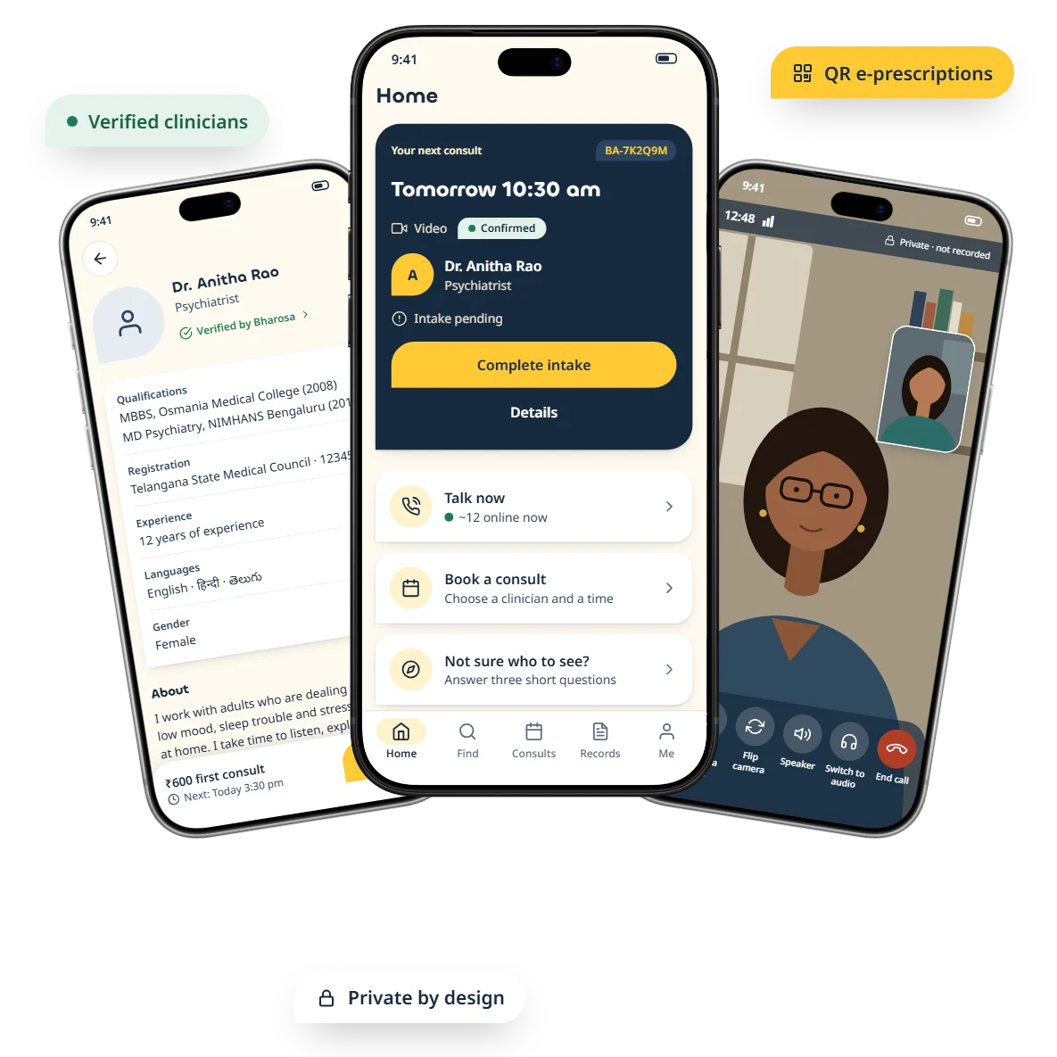 Three Bharosa patient-app screens: a verified psychiatrist's profile, the Home screen with the next consult, and a private video consult