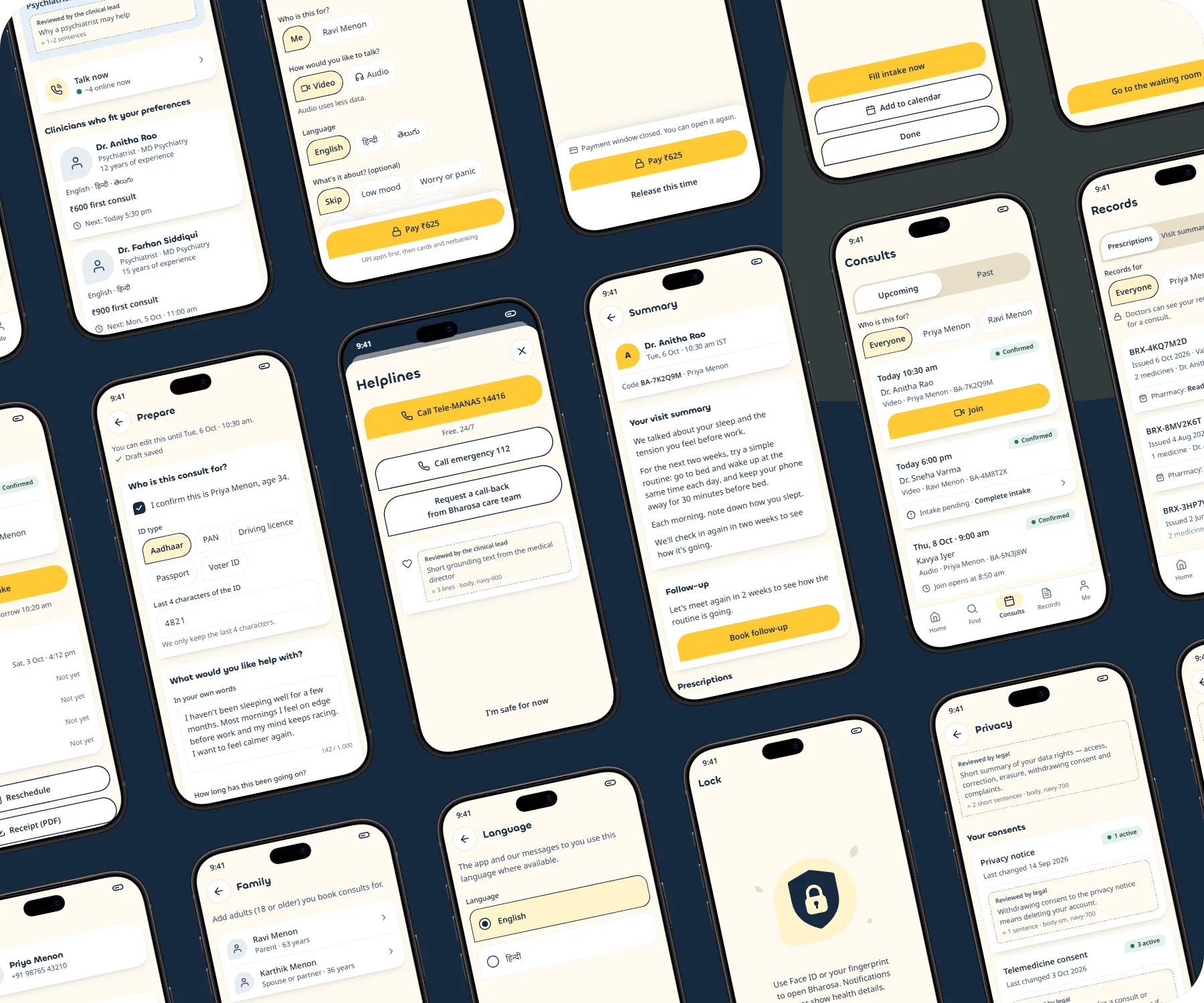 A wall of Bharosa patient-app screens: search, intake, helplines, family profiles, consults, records, language and app lock
