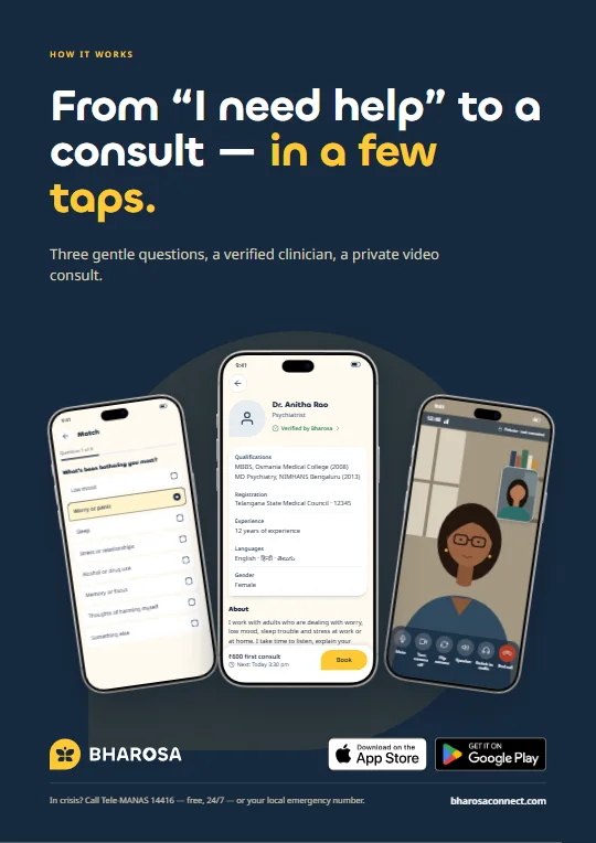 Bharosa launch poster 8: From “I need help” to a consult — in a few taps.