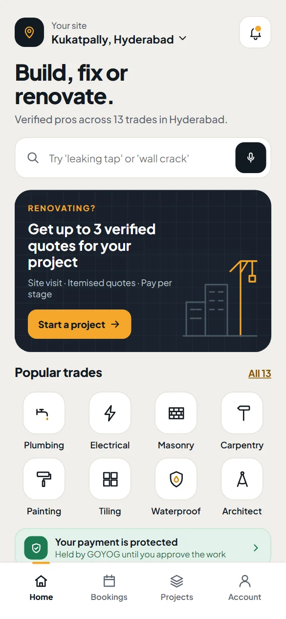 GOYOG customer app home screen: search in plain words, a renovation quote offer and popular trades