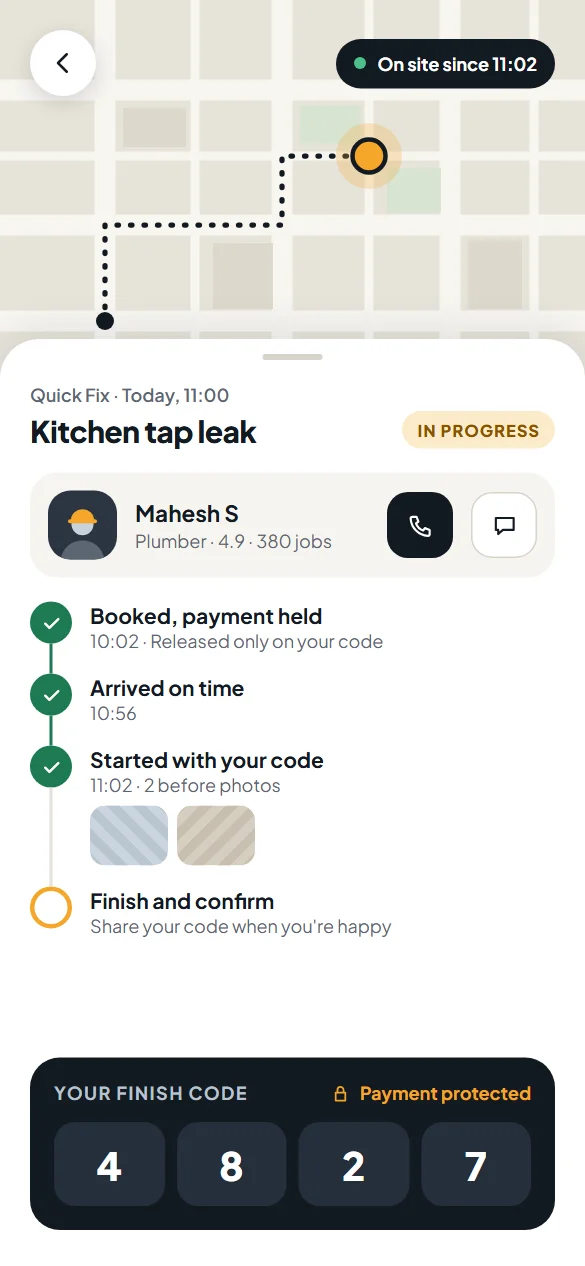 GOYOG job in progress screen with a map, the assigned plumber, a timeline of verified steps and a finish code