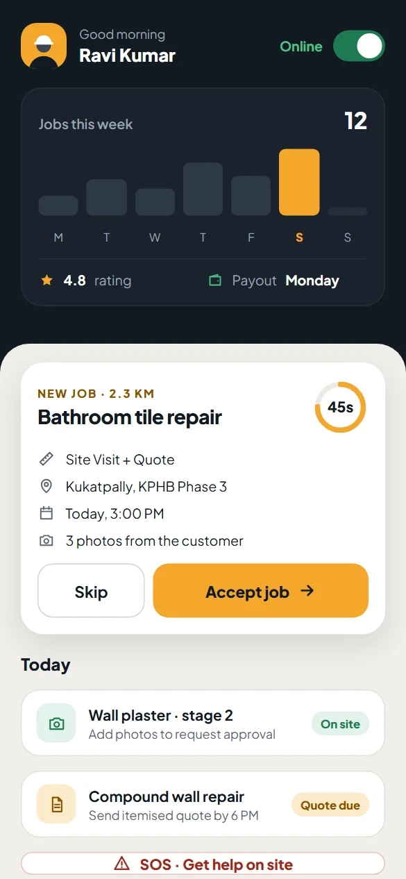 GOYOG provider app with an online switch, weekly jobs chart, a new job offer with a 45 second timer and an SOS button