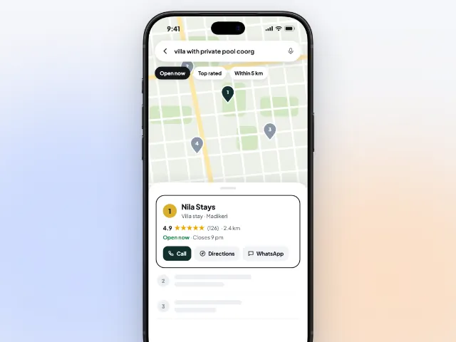 A phone showing a business at the top of a Google Maps search