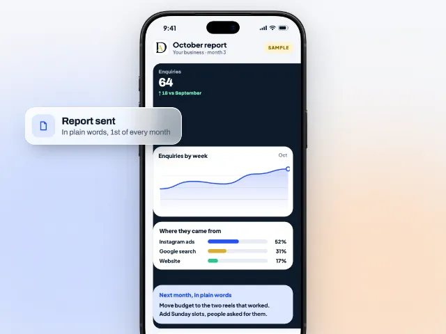 A monthly marketing report on a phone