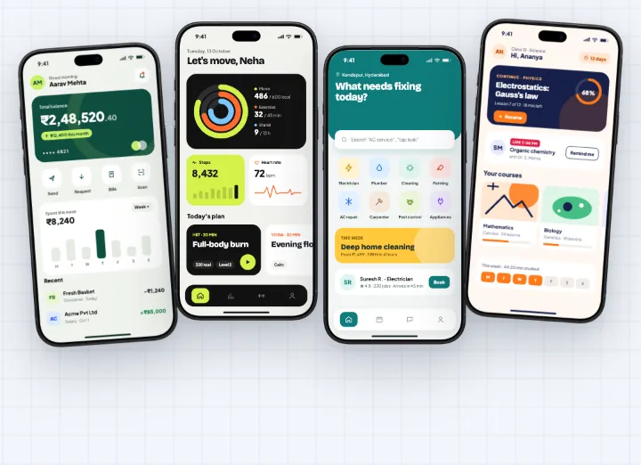 Concept design for apps: fintech, fitness, home-services and learning apps