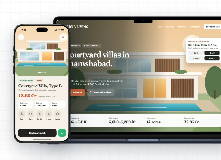 Concept design for real estate: a villa project site with site-visit booking and a buyer app